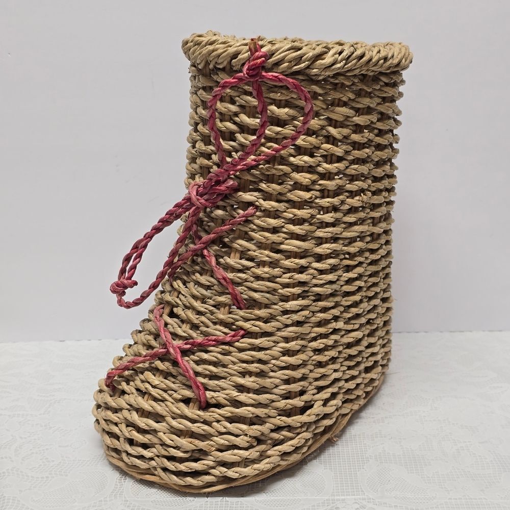 Vintage Boot Shaped Large Wicker Basket Cottage Farmhouse Country Village Rustic